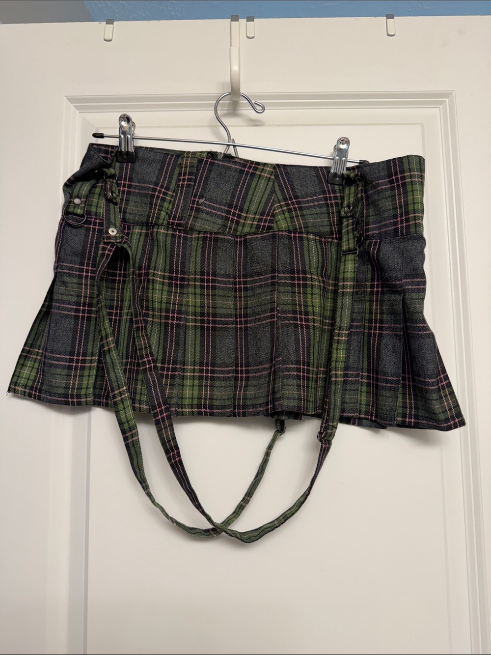 Lip Service Green and Black Plaid Mini Skirt with Suspender Straps